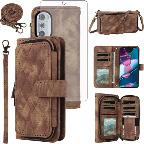 Vista 9 de Funda para teléfono Motorola Edge + Plus 2022/Edge X30/30 Pro con protector de pantalla de vidrio templado, correa cruzada, soporte con cremallera