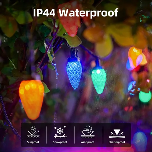 Vista 3 de Luces LED C9 de Navidad para exteriores, 34 pies, 50 LED, impermeables, decoraciones navideñas de fresas, luces de cadena, enchufables, luces