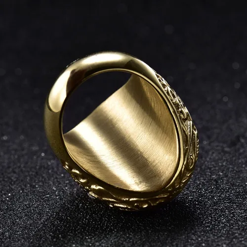 Vista 4 de MASOP Joyería de lujo ovalada piedra verde alta calidad acero inoxidable hombres anillos simulados esmeralda tamaño 8-12