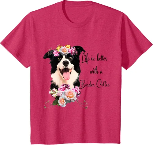 Vista 82 de Life is Better With a Border Collie - Camiseta de perro lindo con flores, gris, S Gris Oscuro