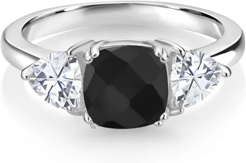 Vista 23 de 925 Sterling Silver Gemstone Birthstone and White Moissanite 3-Stone Engagement Ring for Women 7MM Cushion and 5MM Trillion Accents Three Stone
