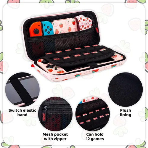 Vista 2 de RHOTALL Cute Strawberry Carrying Case for Nintendo Switch, Hard Portable Travel Case for Switch Accessories with Protective Shell, Shoulder Strap