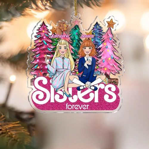 Vista 6 de Gossby Adorno de Navidad acrílico personalizado para hermanas para siempre, regalo personalizado con diseño, nombre, decoración de árbol de 2