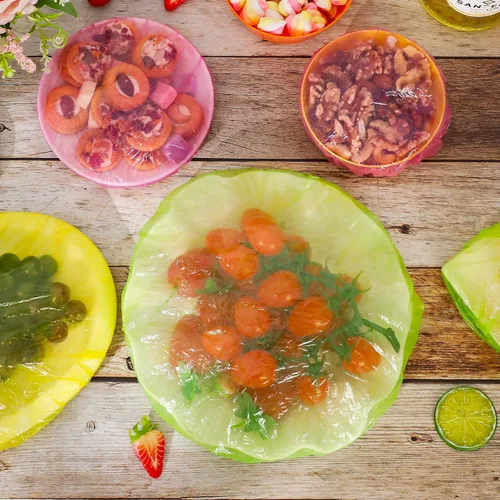 Vista 7 de Mwellewm Fundas elásticas de plástico para almacenamiento de alimentos, fundas reutilizables para alimentos, envoltura Saran, bolsas elásticas
