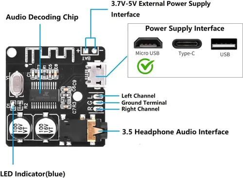 Vista 2 de Aideepen 5 piezas BT 5.0 módulo receptor de audio estéreo, placa decodificadora MP3 de 3.7-5V y amplificador para altavoz de coche