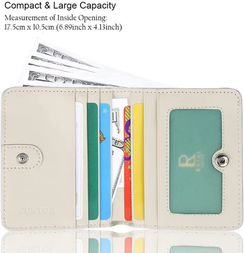 Vista 2 de Funtor Cartera de cuero para mujer, pequeña y compacta, con bolsillo doble, bloqueo RFID, para mujer