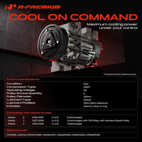 Vista 2 de A-Premium Compresor A/C con embrague compatible con Mazda 3 2.3L 2007-2009, 6 2.3L 2006-2007, turbocompresor, cuerpo Mazdaspeed