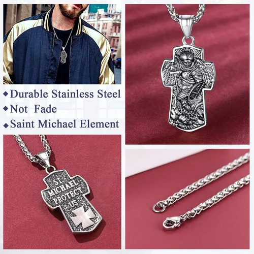 Vista 9 de FaithHeart - Collar de San Miguel, dije personalizado de protección del arcángel, para hombres y mujeres, acero inoxidablechapado en oro Medalla