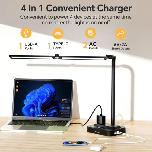 Vista 2 de Lámpara de escritorio LED ajustable para oficina en casa Centro de alimentación integrado con 2 salidas de CA ampliamente espaciadas, puertos