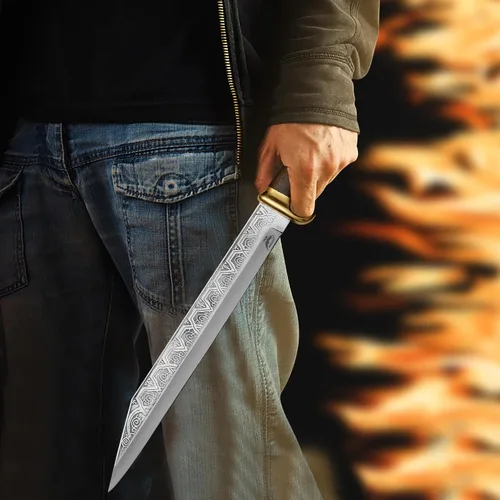 Vista 2 de Cuchillo largo de Seax vikingo hecho a mano con funda, hoja de seax celta guerrero medieval con mango de madera, regalo histórico coleccionable