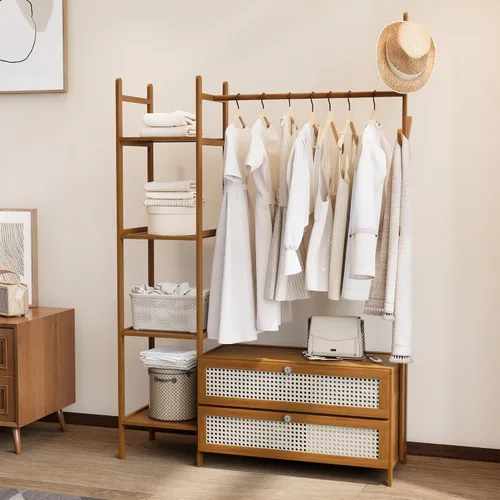 Vista 15 de Perchero de Ropa de Bambú, Perchero con Cajones y Estantes, Estantes de Almacenamiento de 5 Niveles con 6 Ganchos para Colgar, Armario Closet