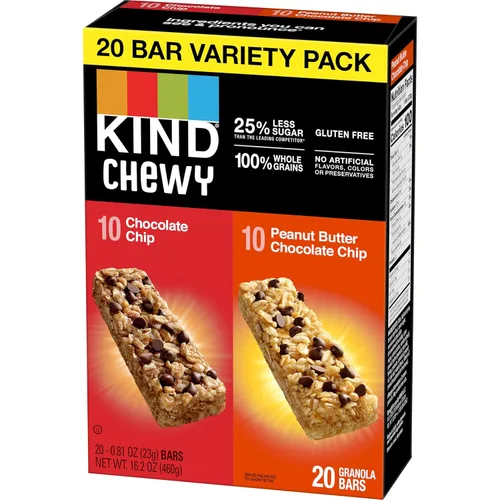 Vista 3 de Barritas de granola masticables KIND, paquete de variedad, chocolate chip y mantequilla de maní con chispas de chocolate, sin gluten, 100 calorías