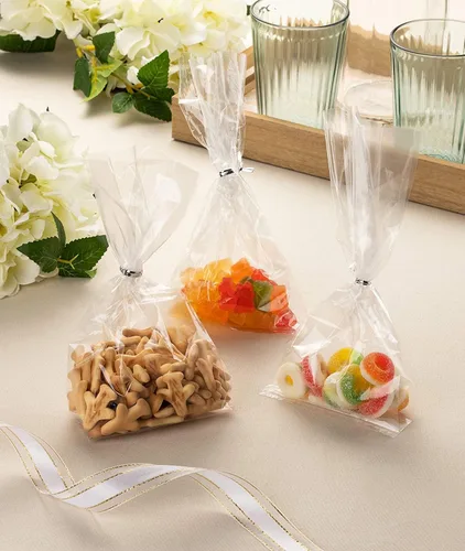Vista 3 de XLSFPY Bolsas de celofán transparentes de 4 x 9 pulgadas, 100 bolsas de golosinas para dulces, arroz, crujientes, pasteles, con lazos, para fiestas