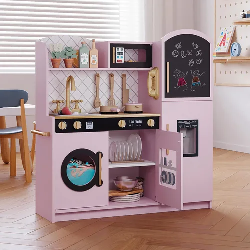 Vista 4 de Treocho Juego de cocina para niños, juego de cocina de madera para niños pequeños con almacenamiento, cocina de juguete de diseño moderno con grifo