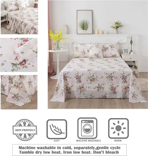 Vista 3 de FADFAY Juego de sábanas con diseño floral de rosas rosas dulces, tamaño King, romántico, de algodón súper suave con bolsillo profundo, 4 piezas