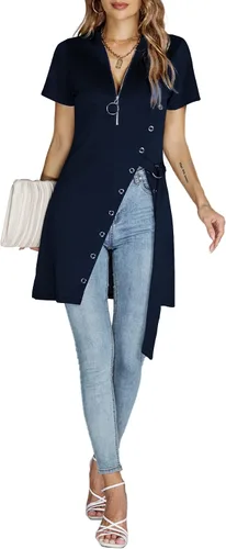 Vista 6 de Rooscier Blusa larga acanalada con cuello en V profundo y manga corta asimétrica dividida para mujer