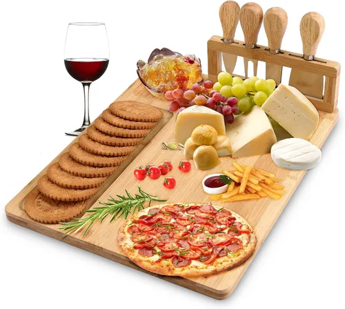 Vista 3 de TWGDH - Juego de tablas de queso de bambú que incluye 4 cubiertos de acero inoxidable, tabla de charcutería y bandeja para servir