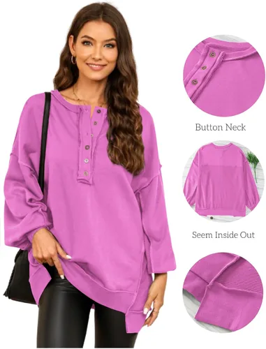 Vista 57 de AlvaQ - Sudadera de gran tamaño para mujer, informal, de manga larga, con botones y cuello Henley, tipo túnica