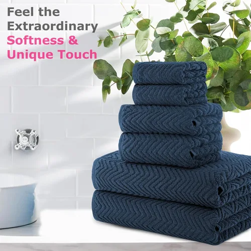 Vista 3 de CASA COPENHAGEN Juego de toallas texturizadas onduladas de 6 piezas - Azul marino, 550 g/m², 2 toallas de baño, 2 toallas de mano, 2 toallitas