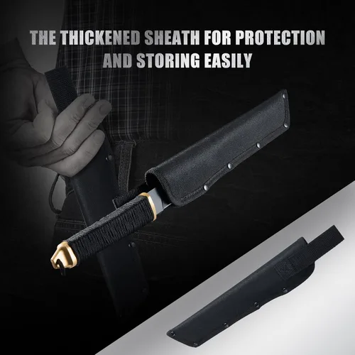 Vista 6 de Leopcito Cuchillos tácticos japoneses de hoja fija de 11.5 pulgadas con funda, acero inoxidable negro supervivencia caza bushcraft cuchillo tanto