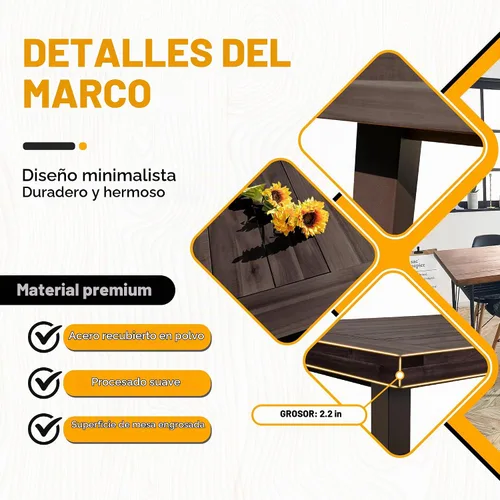 Vista 6 de Mesa de comedor Flamaker para 6 personas de madera de acacia FSC para interior y exterior, mesa de cocina del hogar con patas de hierro, mesa grande