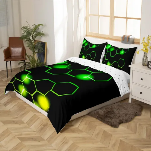Vista 2 de Feelyou Juego de ropa de cama verde y negro tamaño individual para niños y adolescentes, juego de funda de edredón con temática hexagonal