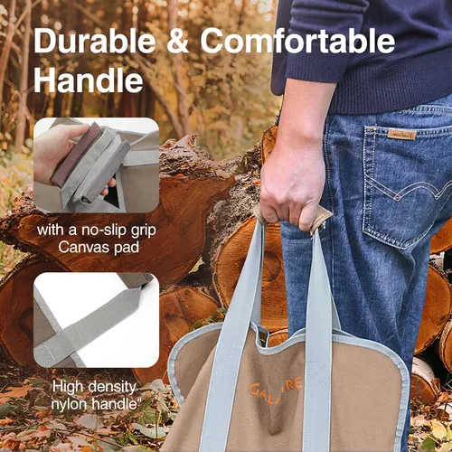 Vista 2 de Transportador de madera para leña con asas, bolsa honda plegable de lona de 16 onzas para leña, bolsa de transporte de troncos pesados de calidad