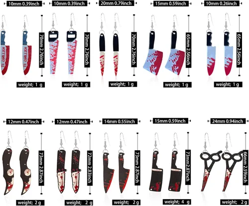 Vista 6 de Juego de 10 pares de cuchillos punk, daga, tijeras, cuchillos de cocina, sierras, juego de aretes colgantes góticos acrílicos con sangre impresa