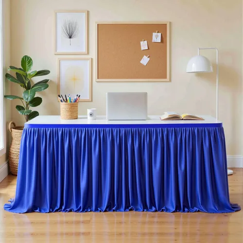 Vista 8 de Falda de mesa beige para mesas rectangulares, falda de escritorio de 6 pies para el escritorio del profesor, aula, volantes, tela de poliéster