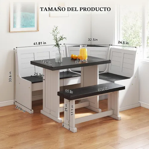 Vista 2 de Rincón de Desayuno Mesa de Comedor de Esquina de Cocina Juego de Banco y Silla, con Puertos de Carga, Almacenamiento Oculto que Ahorra Espacio 3-5