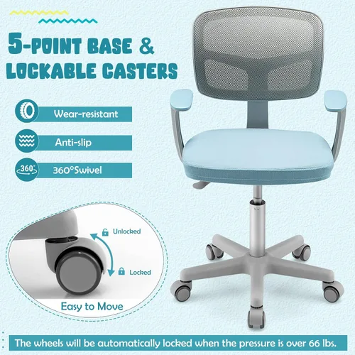 Vista 5 de GLACER Silla de escritorio para niños, silla de estudio giratoria de malla ajustable con ruedas, brazos, silla ergonómica para computadora con Azul