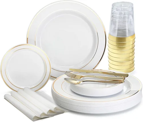 Vista 14 de Occasions" - Juego de 125 piezas (25 invitados) - Platos y cubiertos de plástico para boda, vajilla pesada desechable de 10.5 pulgadas, 6.25