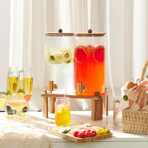 Vista 7 de 2 piezas dispensadores de bebidas de 1.5 galones, dispensador de bebidas de vidrio con soporte de madera, dispensadores grandes de agua y bebidas