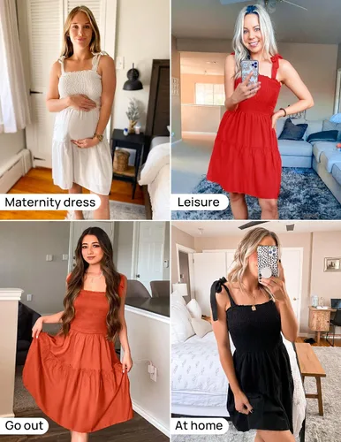 Vista 6 de ZESICA Vestido corto de verano para mujer, con tirantes delgados, sin mangas, cuello cuadrado, volantes, acampanado, con vuelo