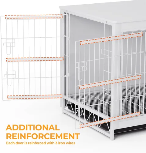Vista 9 de TLSUNNY Muebles de jaula para perros, mesa auxiliar auxiliar de madera de 44.1 pulgadas, moderna perrera con puertas dobles, jaula resistente