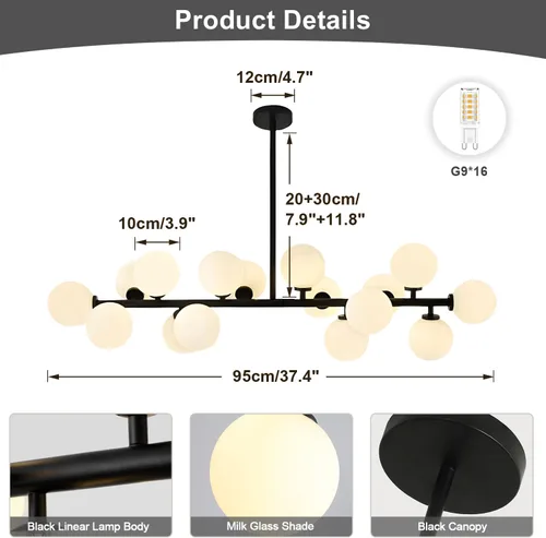 Vista 2 de KCO Lighting Farmhouse - Lámpara de araña de comedor con globo lineal, lámpara de cristal de leche negra, 16 luces Sputnik, lámpara colgante moderna