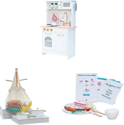 Vista 4 de Teamson Kids Boston Farmhouse Play Kitchen y 27 piezas - Juego de tabletas de comida de madera - Cocina compacta con fregadero, horno y recetas