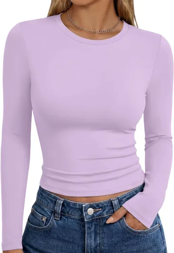 Vista 42 de Trendy Queen Camisetas de manga larga para mujer, camisetas básicas de Verde militar