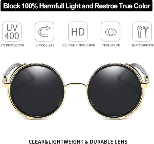 Vista 4 de Dollger Steampunk - Gafas de sol redondas retro vintage con marco circular de metal, Negro