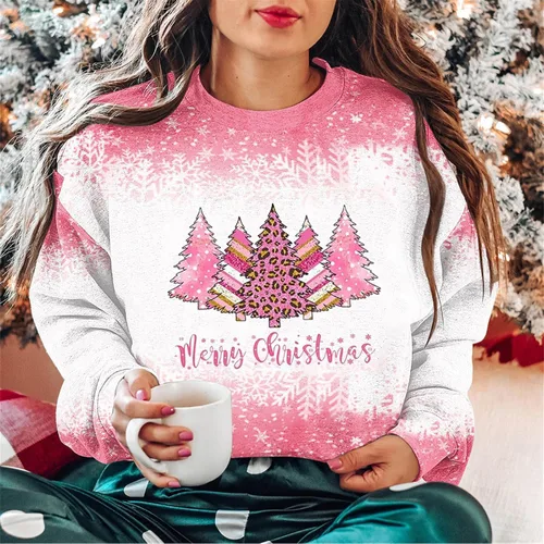Vista 2 de Ceboyel Sudaderas navideñas con estampado blanqueado para mujer, teñido anudado, cuello redondo, lindo suéter de Navidad, ropa de vacaciones 2023