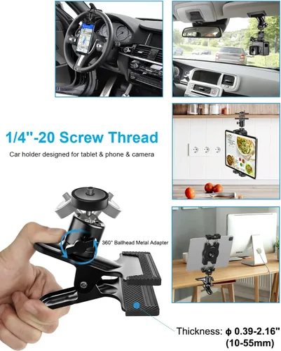 Vista 5 de Soporte para tablet de automóvil, soporte para tableta de automóvil, rotación de 360°, abrazadera universal para volante con tornillo de 1/4