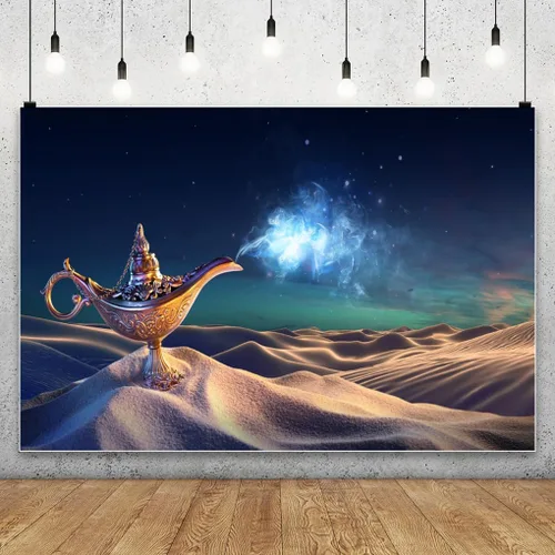 Vista 2 de AOFOTO Lámpara de genio de Aladino de 5 x 3 pies, telón de fondo del desierto místico, escena nocturna del desierto mágico, noches árabes, fondo