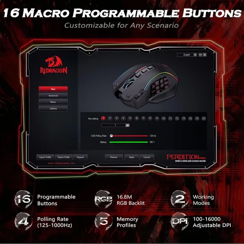 Vista 3 de Redragon Mouse inalámbrico para juegos, mouse MMO para juegos de hasta 16,000 DPI, 16 botones programables macro, recargable RGB con 12 botones