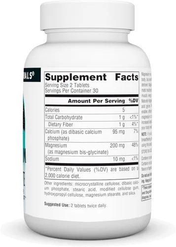 Vista 2 de Source Naturals Glicinato de magnesio, quelado para una alta absorción para energía calma, apoyo óseo y cardíaco*, 200 mg por porción - 60 tabletas