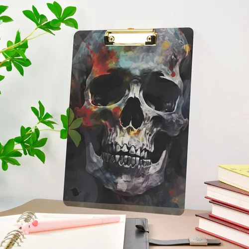 Vista 9 de Vnurnrn Portapapeles de plástico de calaveras coloridas con gancho tamaño A4 12,5 x 9 pulgadas clip de oro para la oficina de dibujo