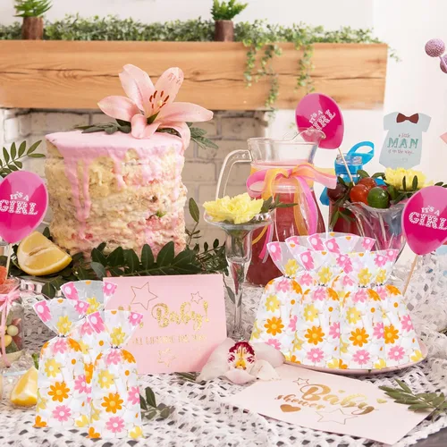 Vista 7 de Whaline 100 bolsas de celofán con margaritas de celofán con lazos plateados, retro, hippie, bohemio, para fiestas, flores coloridas, bolsas