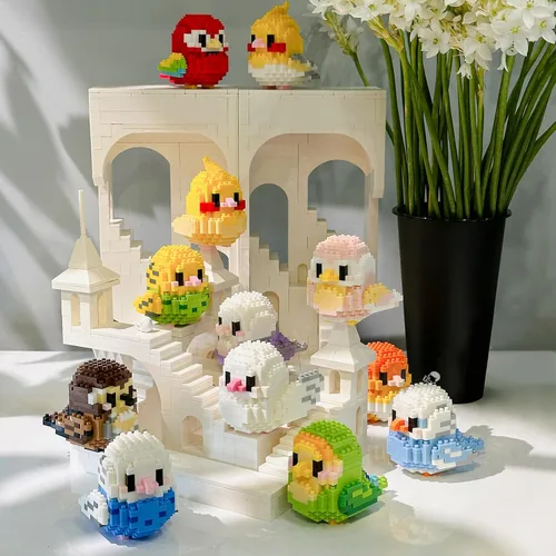 Vista 6 de Micro Mini bloques, serie de animales, modelo de microconstrucción, coloridos pájaros pequeños, kit de ladrillos de construcción, 12