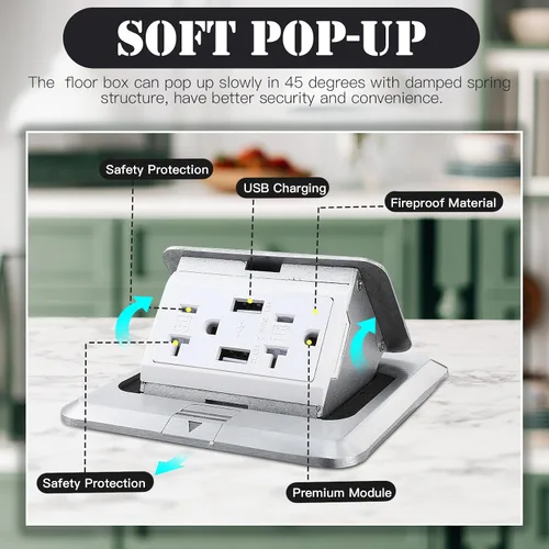 Vista 3 de Hoolerry Kit de 1 caja de cubierta de toma de corriente eléctrica de piso desplegable con cargador USB de 4.8 A, 20 amperios, impermeable