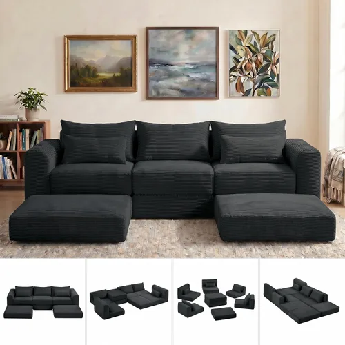Vista 9 de Juego de sofás modulares deshuesados seccionales de 100 pulgadas para sala de estar, sofá modular tapizado en forma de L movible con 5 almohadas Gris