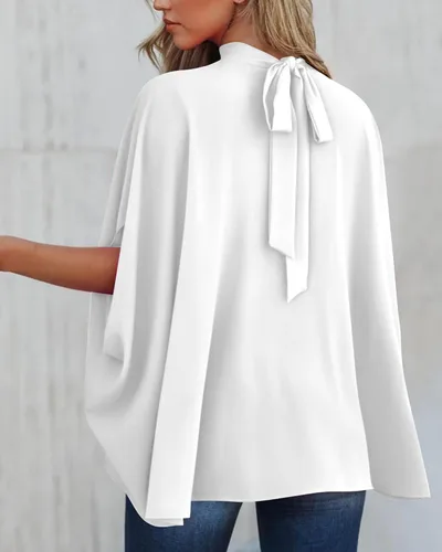 Vista 155 de BTFBM Blusas de verano para mujer, cuello alto falso, manga murciélago, holgadas, dobladillo alto y bajo, blusas informales de gran